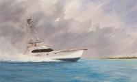 Gone fishing. A sport fishing vessel, painted on commission. Watercolor on paper.