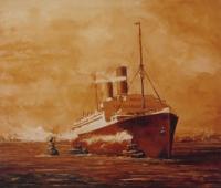 Century of Progress! The White Star liner, Homeric, docking in New York c. 1934. Oil on canvas.